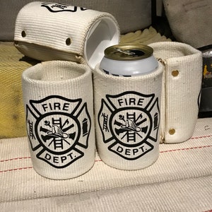 Fire Hose Maltese Cross Firefighter Can Cooler Upcycled Can Cooler, Firefighter Gift, Wedding Gift, Can Holder, Fireman Gift, Gift for him