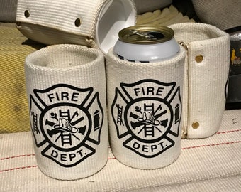 Fire Hose Maltese Cross Firefighter Can Cooler Upcycled Can Cooler, Firefighter Gift, Wedding Gift, Can Holder, Fireman Gift, Gift for him