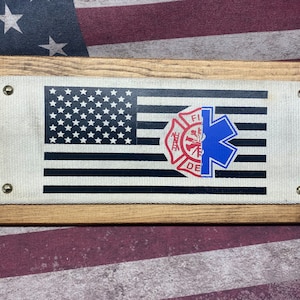 Fire Hose EMS Firefighter Flag Wall Sign Handmade Firefighter Upcycled, Firefighter Gift, EMT Paramedic Wall Decor, Fireman Gift