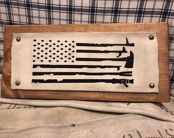 Fire Hose Firefighter Flag Wall Sign Handmade Firefighter Upcycled, Firefighter Gift, Wedding Gift, Wall Decor, Fireman Gift, Gift for him