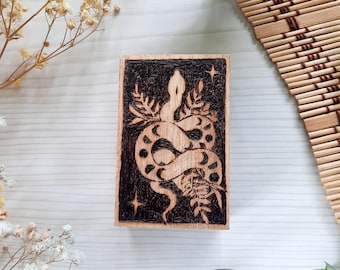 Witchy Snake Woodburning Box - Wooden Jewellery Box - Moon Phases and Plants