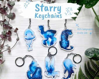Starry Animals Keychains - Acrylic keychain Charm - Double Sided - Holographic Stars
