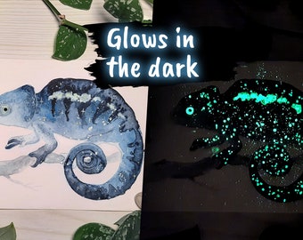 Original Glow-in-the-Dark Galaxy Chameleon Painting - Home Decor - Luminescent Illustration - Modern Art - Space art