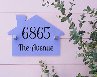 Bespoke door number sign, double layered acrylic house number sign with black vinyl numbers & street name, acrylic in a choice of colours