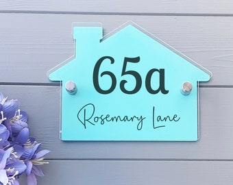 Modern house number sign double layered acrylic, black vinyl numbers & street name, house shape plaque, plaque, acrylic choice of colours