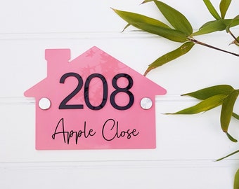 3d house number sign, acrylic sign with black acrylic numbers, street name, house shape plaque, acrylic in a choice of colours