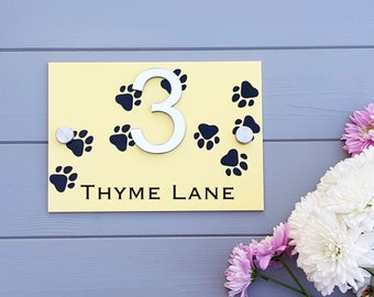 Pastel house number sign in acrylic, paw print themed - 3d mirrored numbers, modern door number street name personalised wall décor