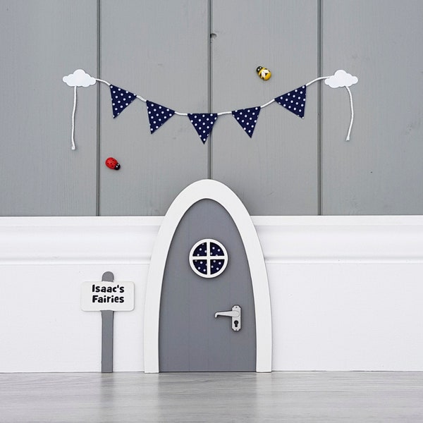 Fairy door with personalised signpost. Grey with miniature bunting in fabric navy polka-dot, mouse door, elf door, tooth fairy - boys room