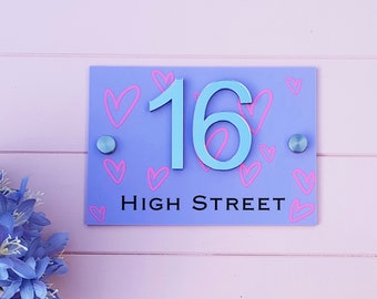 House number plaque in pastel acrylic, 3d mirrored numbers, heart print pattern personalised door number street name sign wall décor
