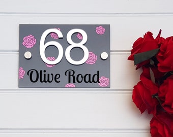Door number sign acrylic with pink roses 3d mirrored numbers, personalised floral wall house sign