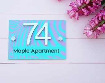Modern house number sign, 3d mirrored numbers, zebra print acrylic pastel street name personalised wall décor