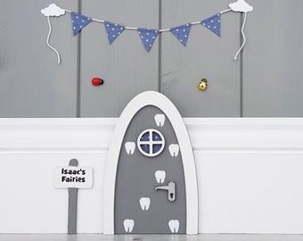 Personalised fairy door - tooth fairy door - grey and blue - miniature bunting- pretend play - boys fairy door