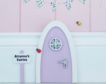 Fairy door with personalised signpost. Lilac with fabric floral miniature bunting -tooth fairy -mouse door -girls gift -girls room -elf door