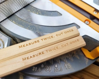 Carpenter pencils measure twice, cut once quote personalised pencils - joiner gift - builders supplies - gift for him - stocking filler -