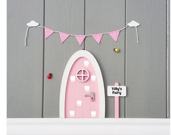 Personalised fairy door tooth fairy pink with miniature bunting - pretend play - tooth fairy door