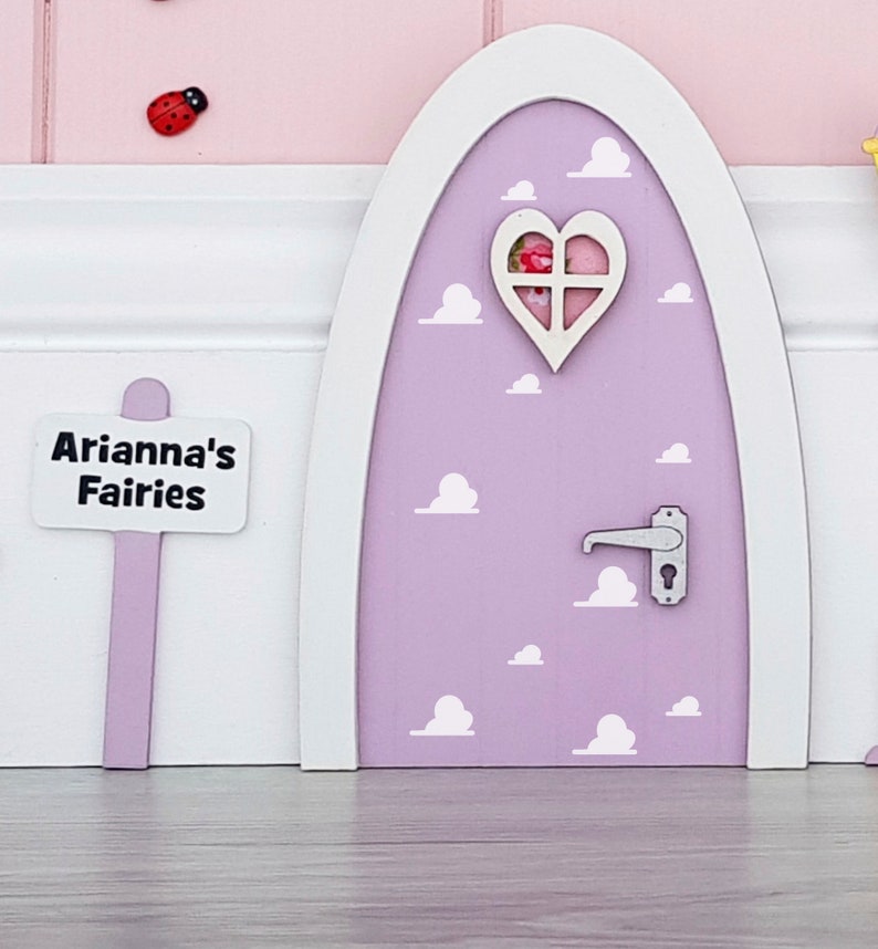 Personalised pastel Fairy door great gift for girls miniature pretend play make believe toothfairy door choice of colours cloud pattern elf image 3