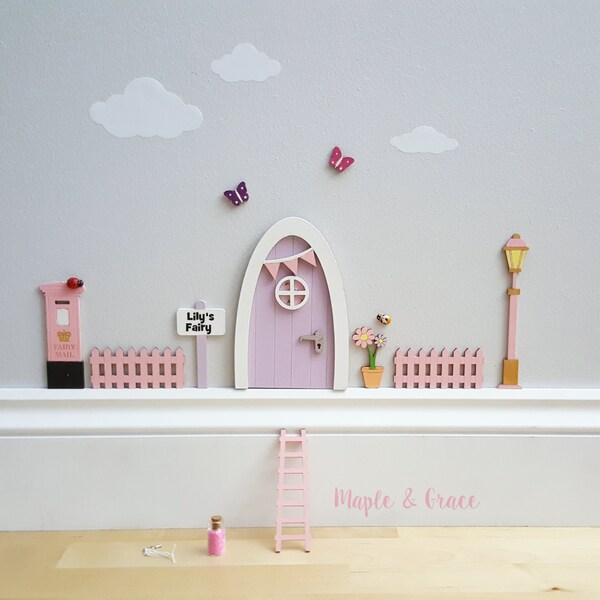 Fairy door lilac with personalised sign and pink accessories kit - tooth fairy - pixie - elf- miniature door