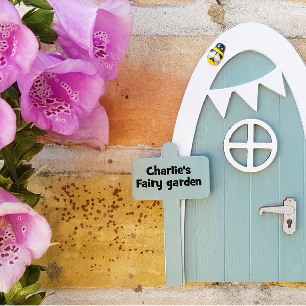 Outdoor fairy door with personalised signpost - green fairy house for a fairy garden, elf door, pixie door,