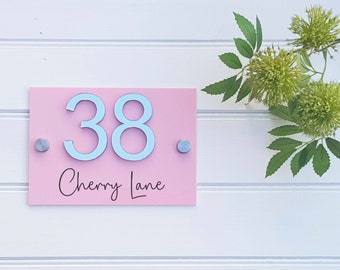 Personalised acrylic Mirrored house number sign, pastel acrylic in a choice of colours with 3d mirrored numbers and Vinyl street name