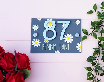Modern contemporary acrylic house number plaque in acrylic, daisy flowers - 3d mirrored numbers,  personalised floral street name door sign