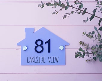 Door number sign with 3d black acrylic numbers, street name, personalised house shape plaque, acrylic in a choice of colours