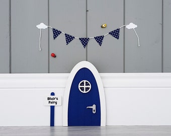 Fairy door with personalised signpost in deep blue with navy polka-dot fabric miniature bunting. boys room boys gift mouse door elf door