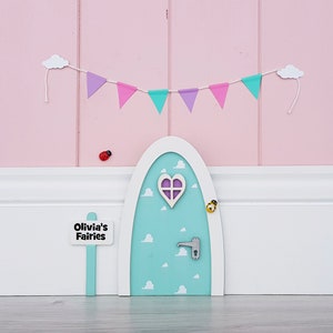 Personalised pastel Fairy door great gift for girls miniature pretend play make believe toothfairy door choice of colours cloud pattern elf image 1