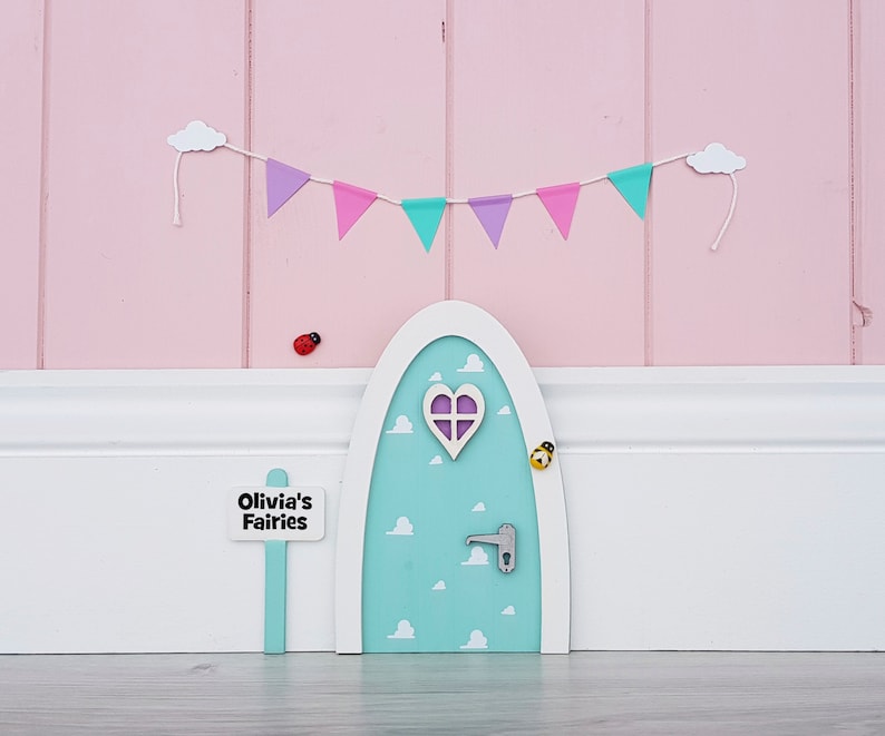 Personalised pastel Fairy door great gift for girls miniature pretend play make believe toothfairy door choice of colours cloud pattern elf image 1