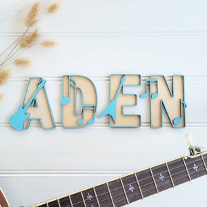 Wooden name letters - personalised name signs for kids room - guitar letter - music themed - nursery decoration - door name sign-