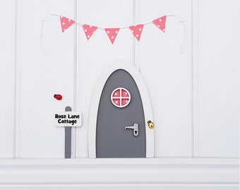 Personalised grey fairy door with bunting