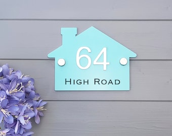 Contemporary acrylic house number sign with street name, mirrored 3d numbers, house shaped. Personalised, acrylic in a choice of colours