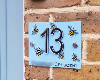 House number sign personalised acrylic sign with bee theme and 3d numbers