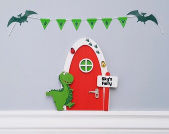 Personalised red dinosaur tooth Fairy door great gift for boys and boys room decoration.