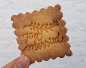 biscuit stamp just married to customize your shortbread or wedding cookies, biscuit stamp with laurel branch, wedding stamp