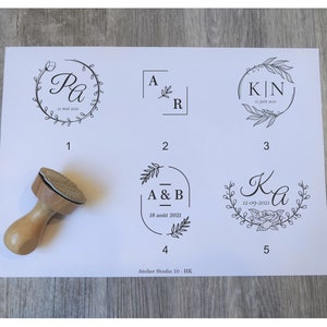 Tampon mariage personnalisé avec vos prénoms et initiales et date de mariage, tampon en bois vintage personnalisable, modèle HK