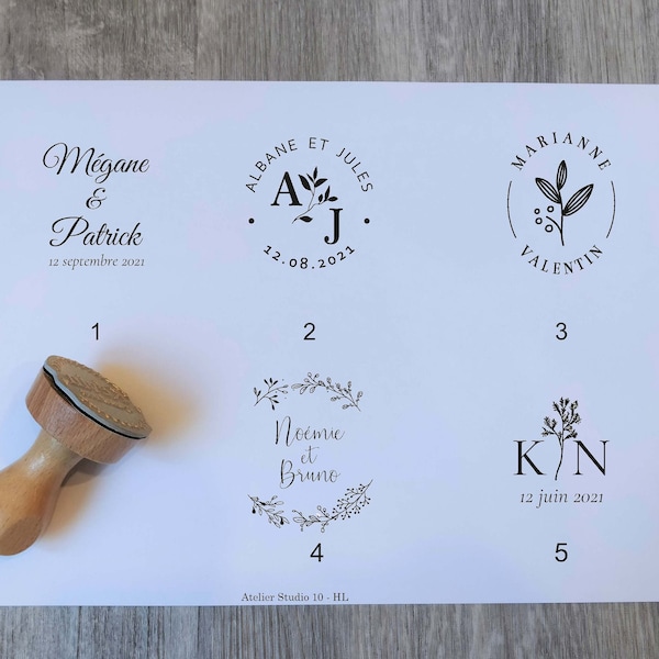Tampon mariage personnalisé avec vos prénoms et initiales et date de mariage, tampon en bois vintage personnalisable, modèle HM
