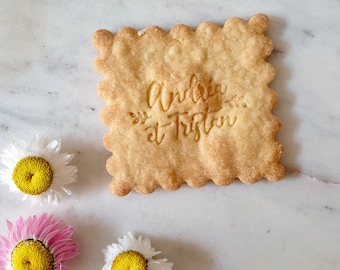 Andrea Tristan wedding biscuit stamp custom to customize shortbread or cookies, DIY custom biscuit, custom biscuit stamp