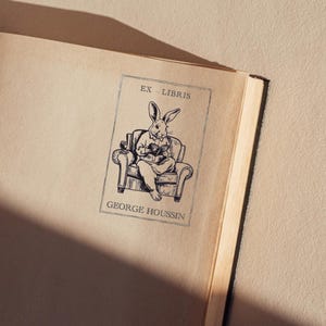 Customizable Ex-Libris Ink Pad Rabbit Reading a Book, Personalized Stamp, Library Stamp and Unique Personalized Stamp VF1