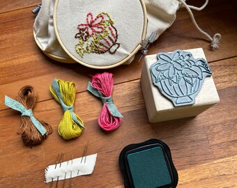 Kit de broderie débutant avec tampon encreur, kit de broderie à la main, kit de broderie avec tampon illustré, kit broderie motif colombe