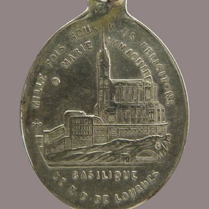 Basilica of Lourdes Medal Antique Religious Sterling Pendant Virgin Mary