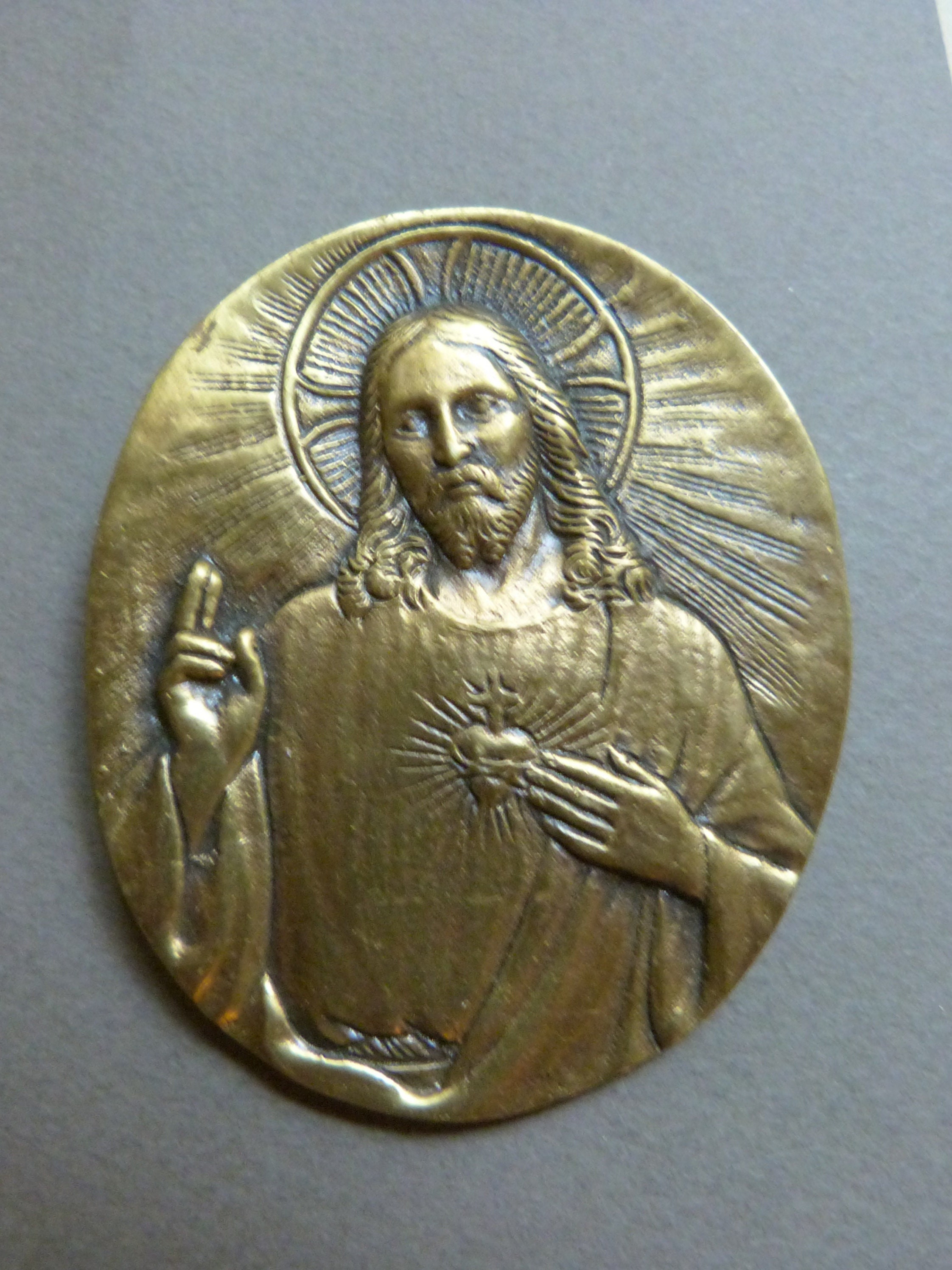 Large French Religious Bronze Medal Jesus-Christ Sacred Heart