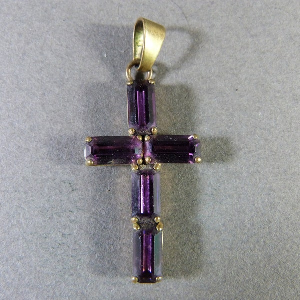 French Antique Brass and Purple Amethyst Religious Cross