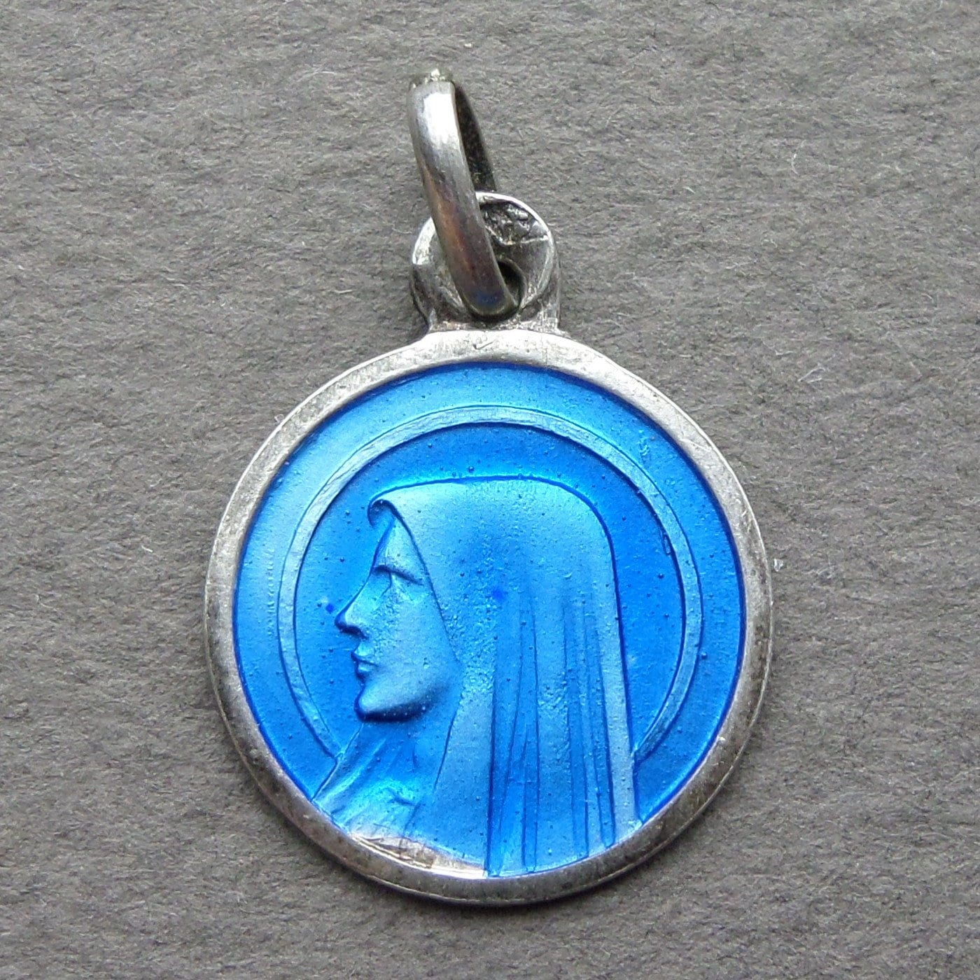 French Antique Silver Religious Blue Enameled Pendant Virgin Mary Medal Lourdes