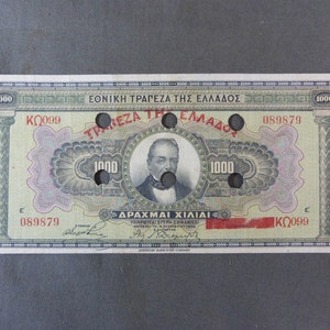 Banconota GRECIA Rara 1000 Drachmai 1926 Banconota ANNULLATA