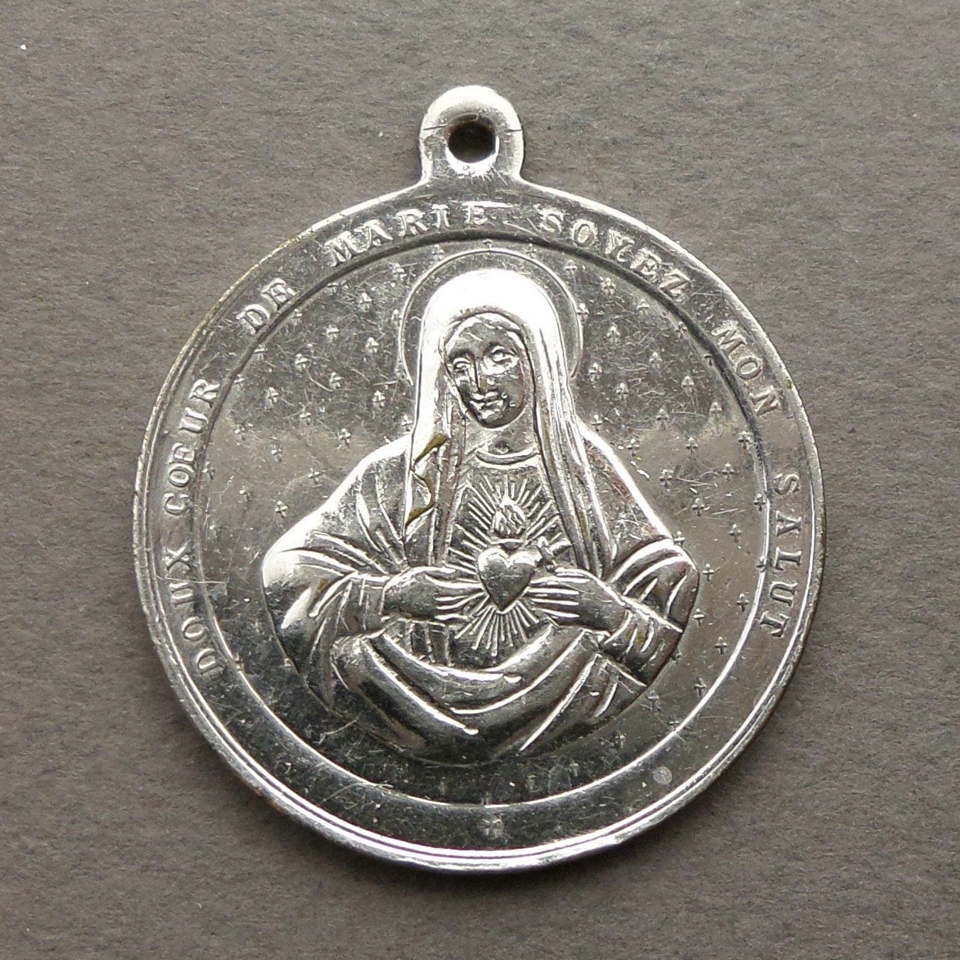 French Antique Religious Pendant Holy Heart Of Virgin Mary & Jesus Medal