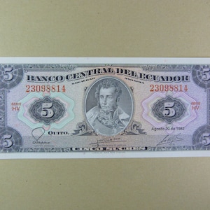 Banconota Ecuador 5 Sucres 20 agosto 1982 Pick 108b Banconota NUOVA FDS
