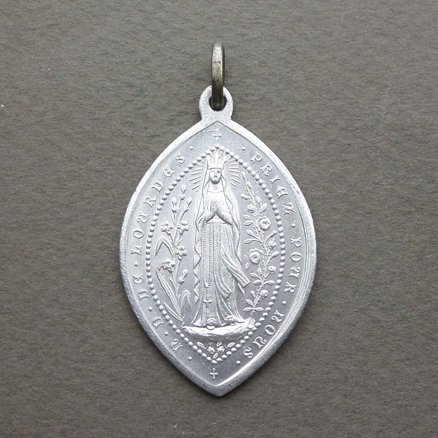 French Aluminium Religious Pendant Virgin Mary Notre Dame Of Lourdes Medal Pilgrimage