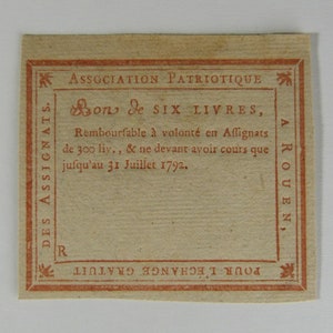Billet France, Association ROUEN (Seine-Maritime) - six Livres - Non Signé - Cartonné - UNC-NEUF, Révolution Française