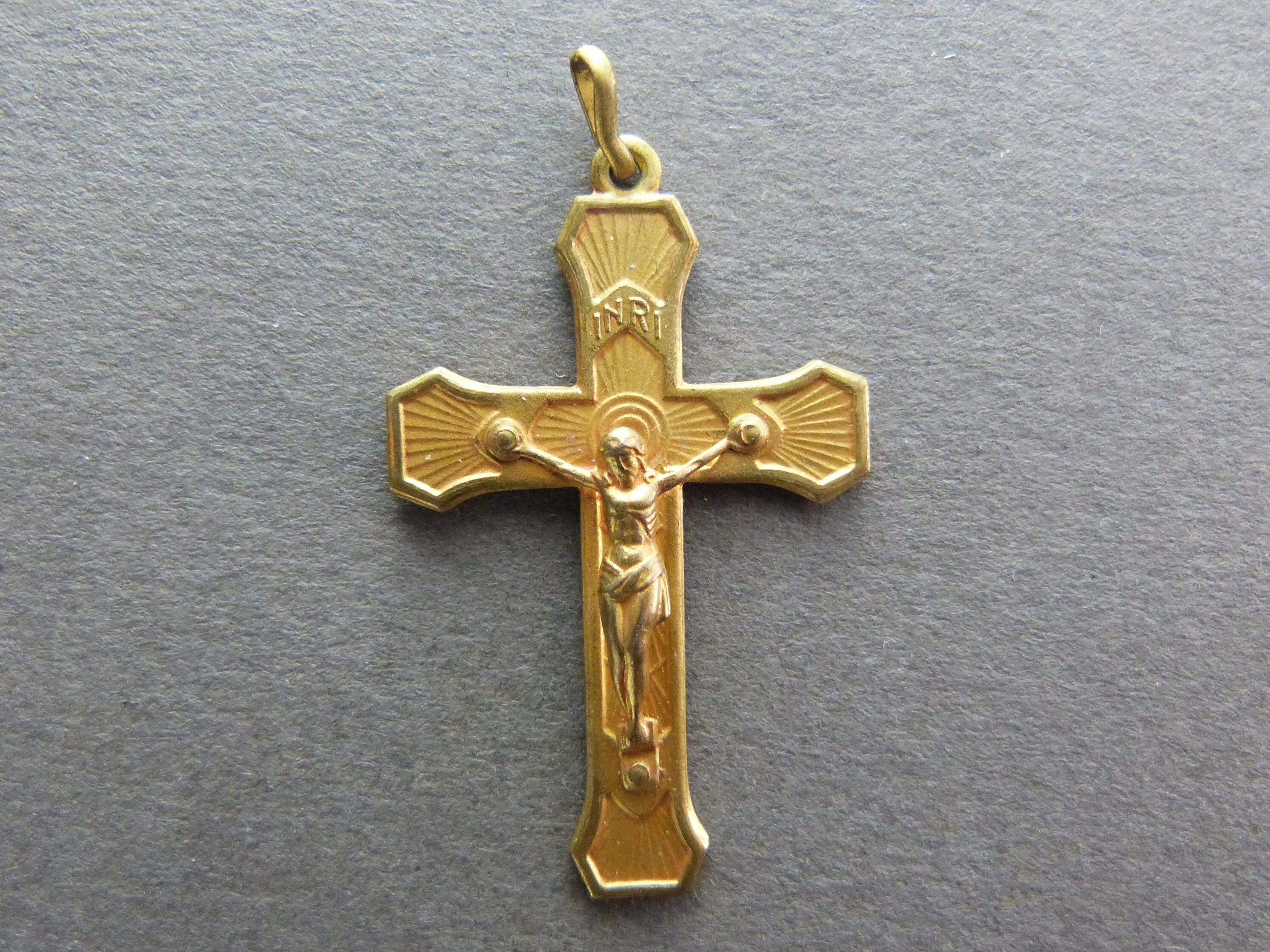 French Antique Copper Religious Cross Crucifix Jesus Christ Pendant
