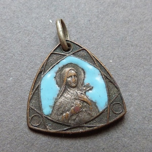 Antique Religious enameled Medal Saint Therese of Lisieux pendant